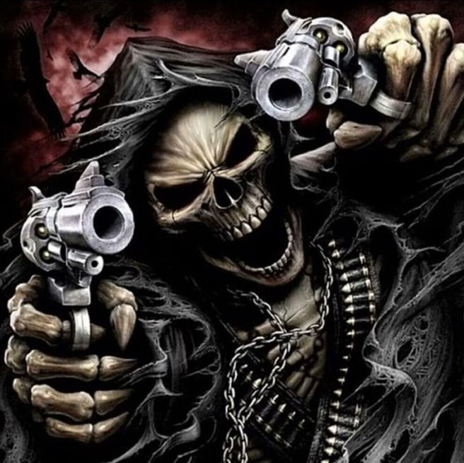 Create meme: cool skull, skeleton with a gun, cool skeleton with a gun