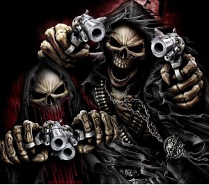 Create meme: skull, skeleton with a gun, skull of death