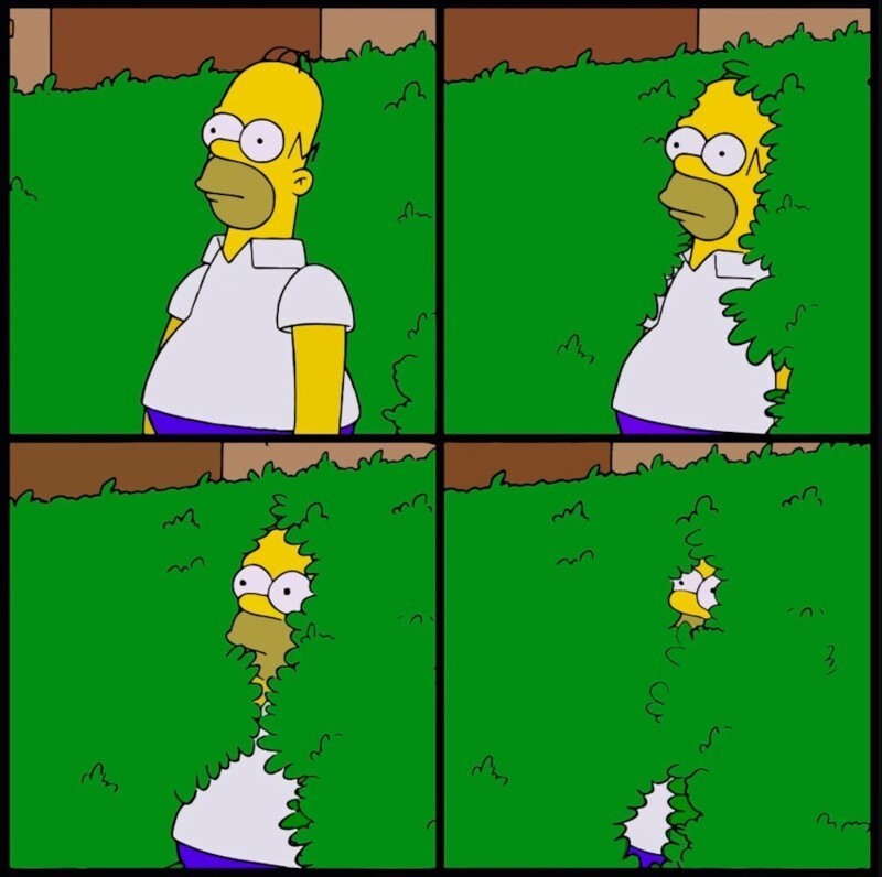 Create meme: Homer is hiding in the bushes, Homer in the bushes, Homer goes into the bushes