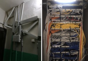 Create meme: installation of LAN, server, the cable channel on the wall in the stairwell