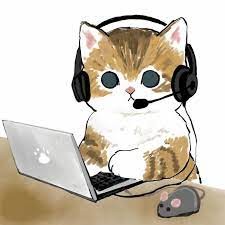 Create meme: cat with headphones, cat at the computer, cute drawings of cats