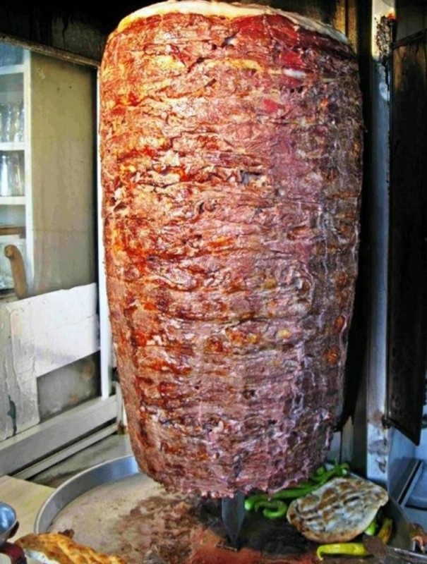 Create meme: doner kebab meat for shawarma, Taco meat, juicy meat for shawarma on a spit