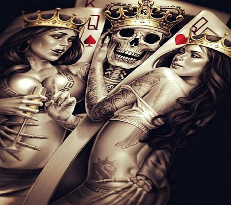 Create meme: Tattoo chicano cards king, The king and two ladies, a skeleton and two ladies