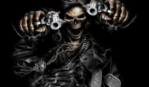 Create meme: skeleton with a gun, skull with guns, angry skeleton