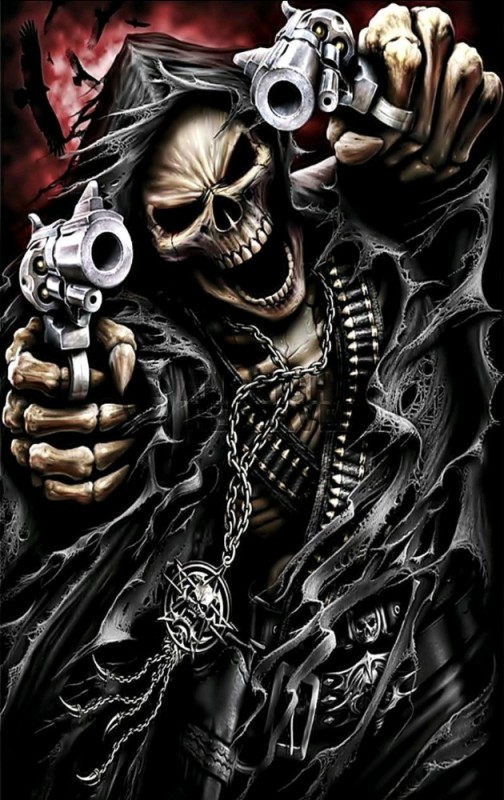 Create meme: a skeleton with a revolver, skull with guns, skeleton with a gun