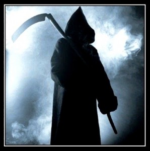 Create meme: the fear of death, image of the grim Reaper with inscriptions, death came