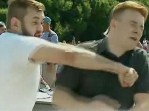 Create meme: vdvshnik hit the journalist of NTV, vdvshnik beat reporter, correspondent Nikita, Leonid razvozzhayev grave