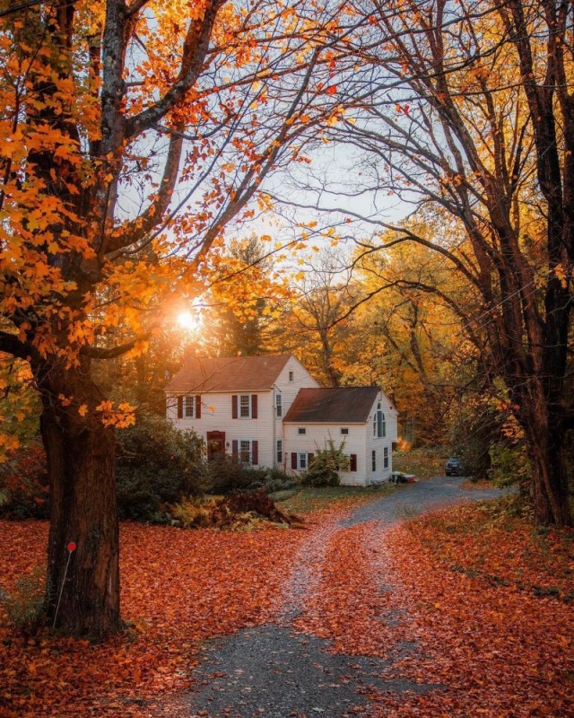 Create meme: morning autumn, autumn house, beautiful autumn house