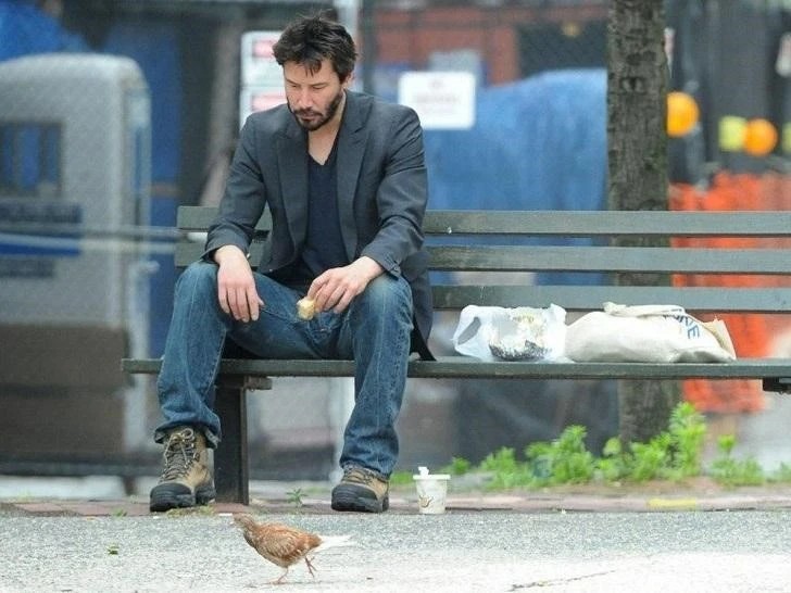 Create meme: Keanu Reeves on a bench, sad Keanu , Keanu Reeves 