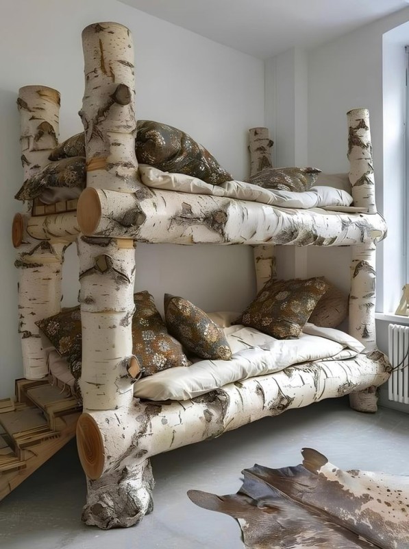 Create meme: a bed made of logs, unusual wooden beds, bunk bed made of logs