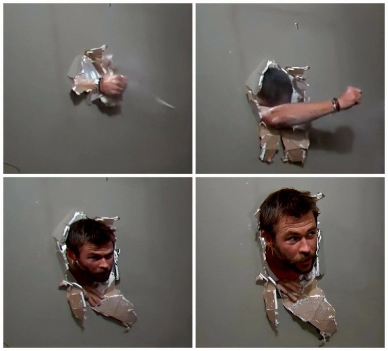 Create meme: Chris Hemsworth meme, Chris Hemsworth breaks through the wall, Chris Hemsworth breaks the wall