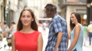 Create meme: distracted boyfriend meme template, the photo where the girl looks back at the other, Girl