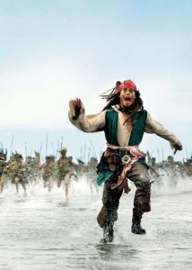 Create meme: Jack Sparrow funny pictures, the natives run after Jack Sparrow, Jack Sparrow runs