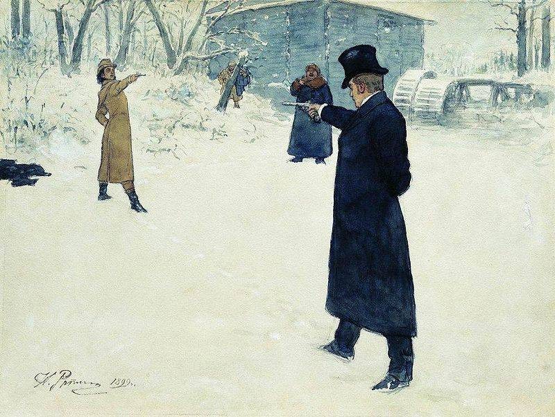 Create meme: the duel between Onegin and Lensky, Repin "the duel of Onegin and Lensky" (1899), Ilya Repin the duel of Onegin and Lensky