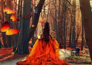 Create meme: photo shoot in the woods autumn Princess, pictures Queen of autumn fall, girl in the autumn Park from the back