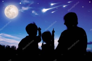 Create meme: Stargaze, darkness, the silhouette of a family looking up to the sky
