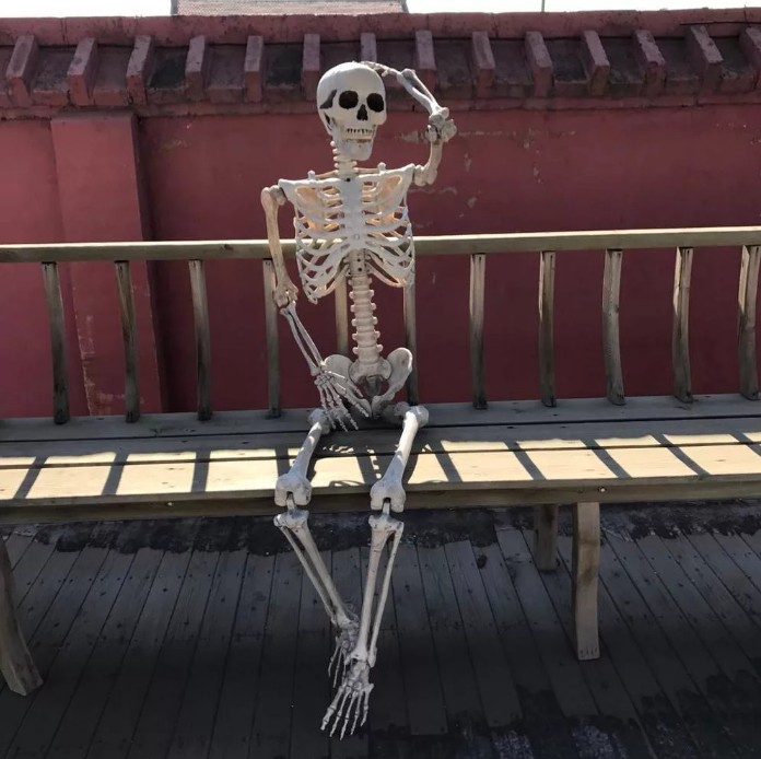 Скелет сидит на скамейке