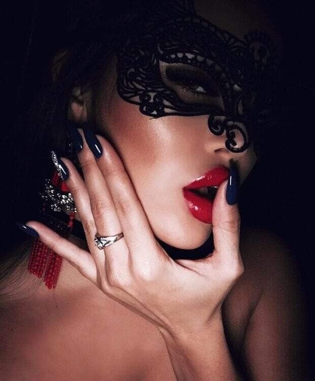 Create meme: the girl in the mask, The girl in the lace mask, lips and nails