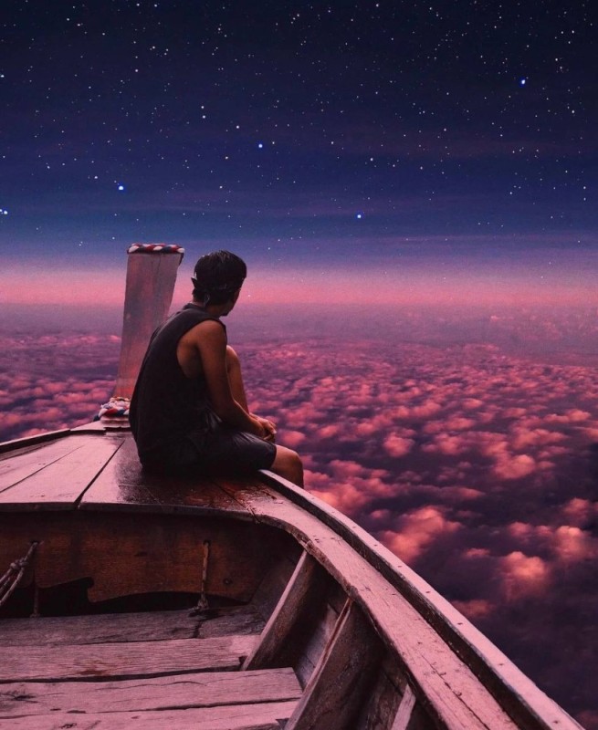 Create meme: guy loneliness, roof sunset, under the starry sky